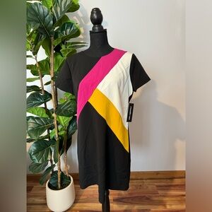 Karl Lagerfeld Black Mini Dress with Pink, White, and Yellow Stripes